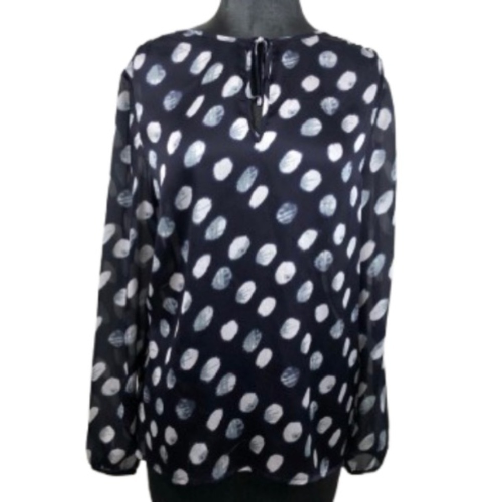 Navy Polka Dot Blouse Sheer Tie Neck Long Sleeve Women’s Size XS 4-6